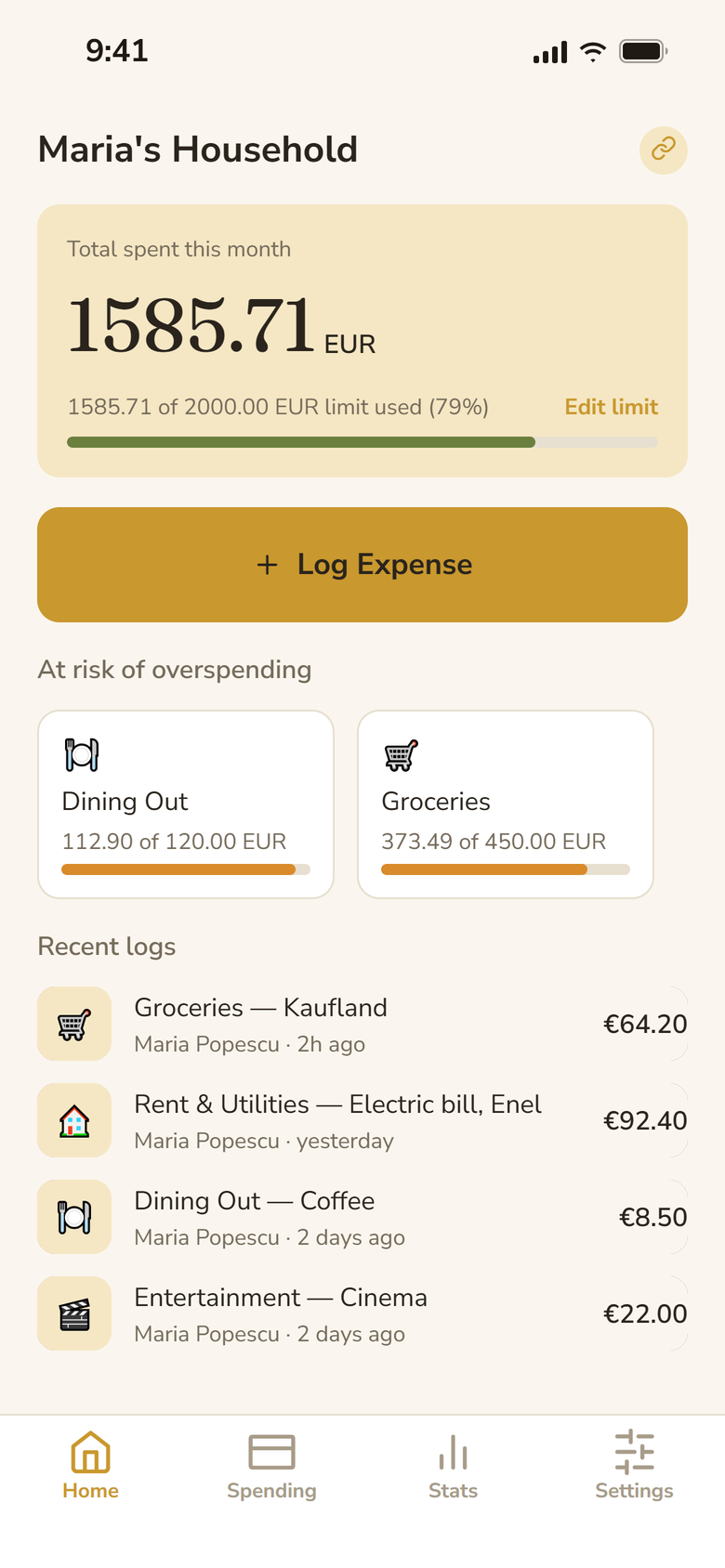 Bănuț’s home screen for Maria’s household. 1585.71 EUR spent this month of a 2000 EUR limit, a Log Expense button, Dining Out and Groceries at risk of overspending, and the recent logs below.