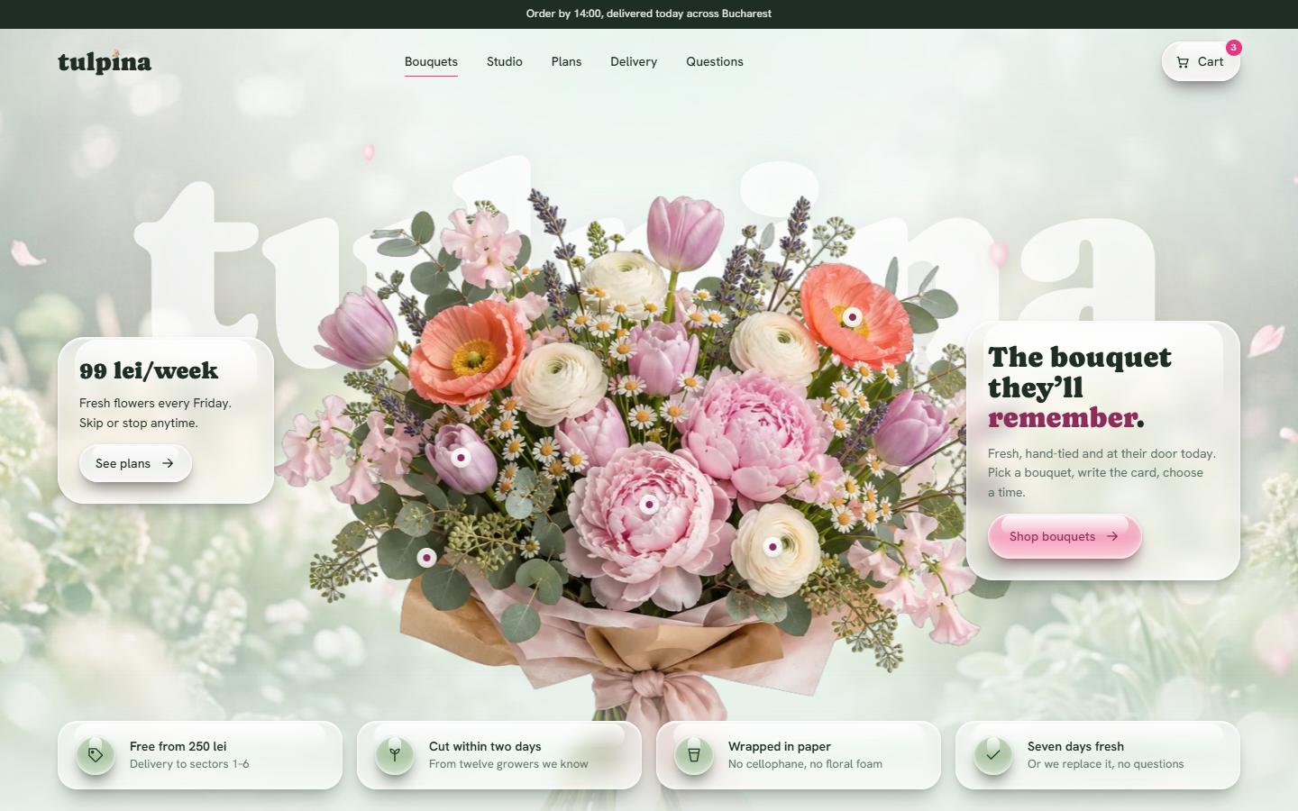 Tulpina homepage. A hand-tied bouquet of peonies, poppies, ranunculus and tulips stands over the giant word “tulpina”, between a “99 lei/week” card and “The bouquet they’ll remember.”