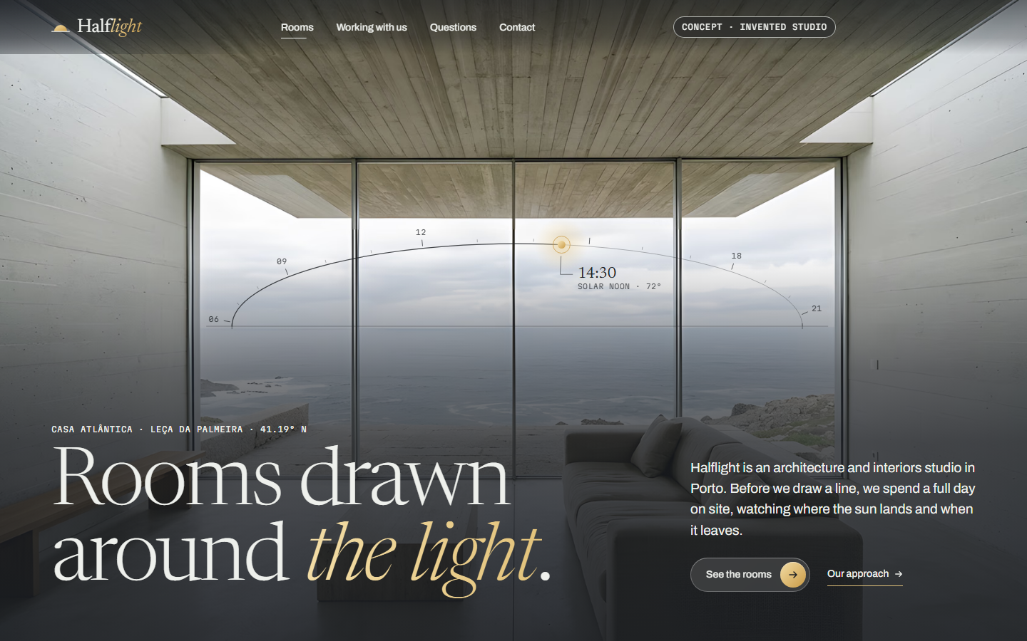 Halflight homepage. A concrete living room faces the Atlantic, a sun-path arc spans the window, and the headline reads "Rooms drawn around the light".