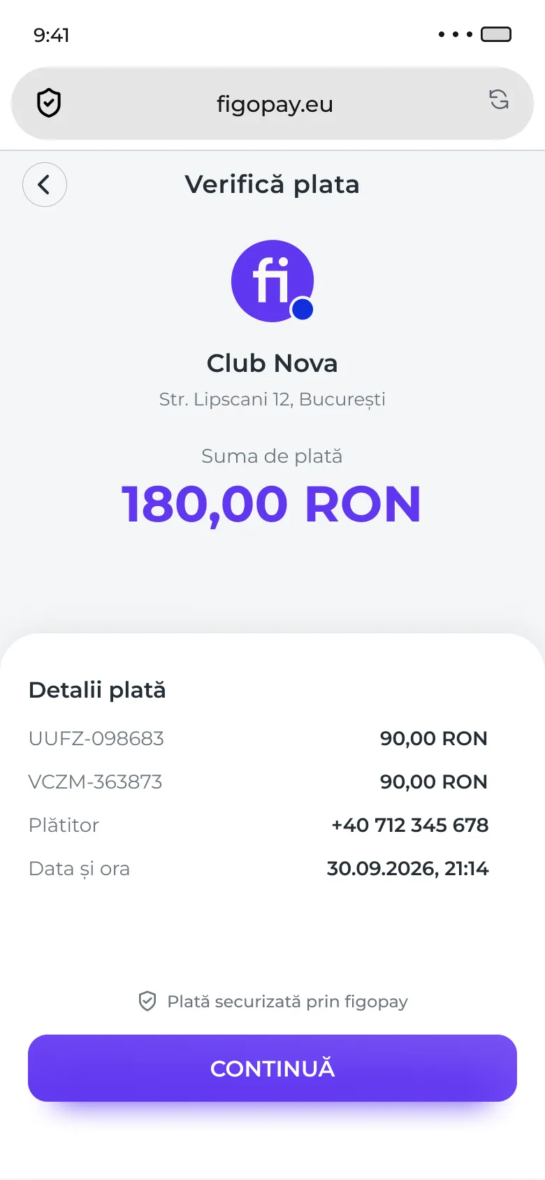 Verifică plata: Club Nova, 180,00 RON pentru două comenzi, cu detaliile plății.