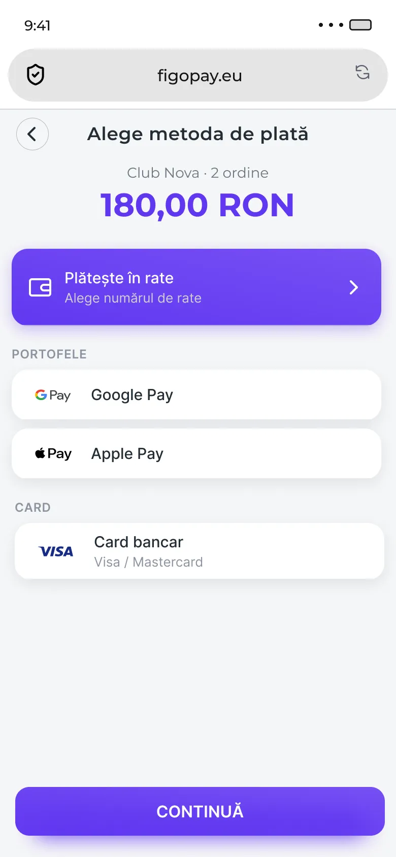 Alegerea metodei de plată: plata în rate, Google Pay, Apple Pay sau card bancar.