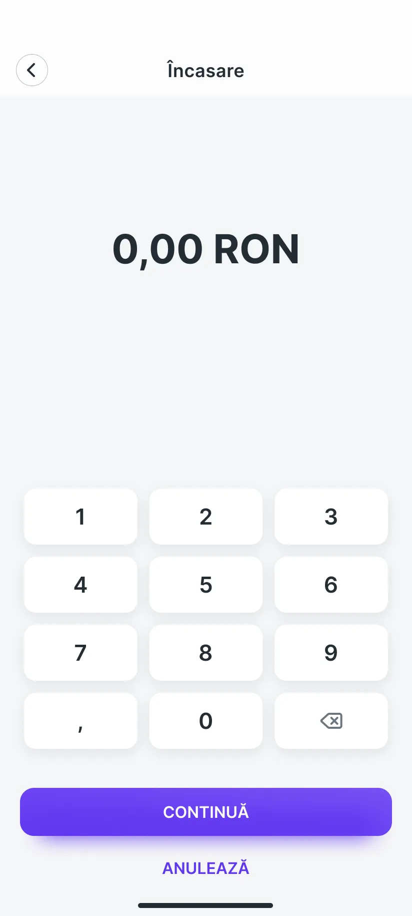 Tastatura figopos pentru o încasare nouă, la 0,00 RON, cu Continuă și Anulează.