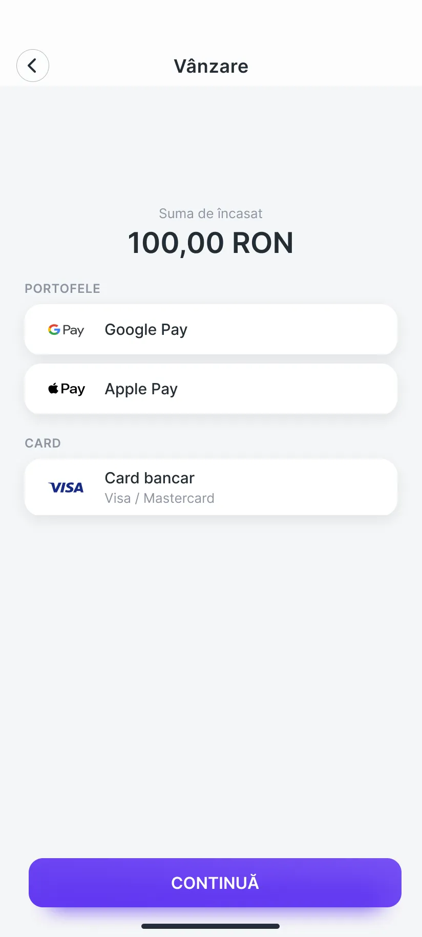 Alegerea metodei prin care clientul plătește 100,00 RON: Google Pay, Apple Pay sau card bancar.
