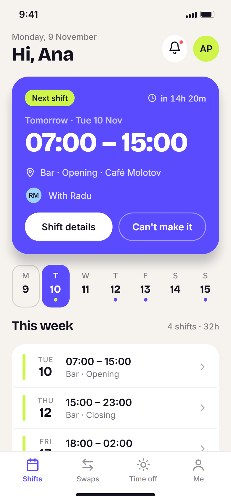 Tura’s My shifts screen. Ana’s next shift is tomorrow, Tuesday 10 November, 07:00 to 15:00 on the bar, with her week of shifts below.