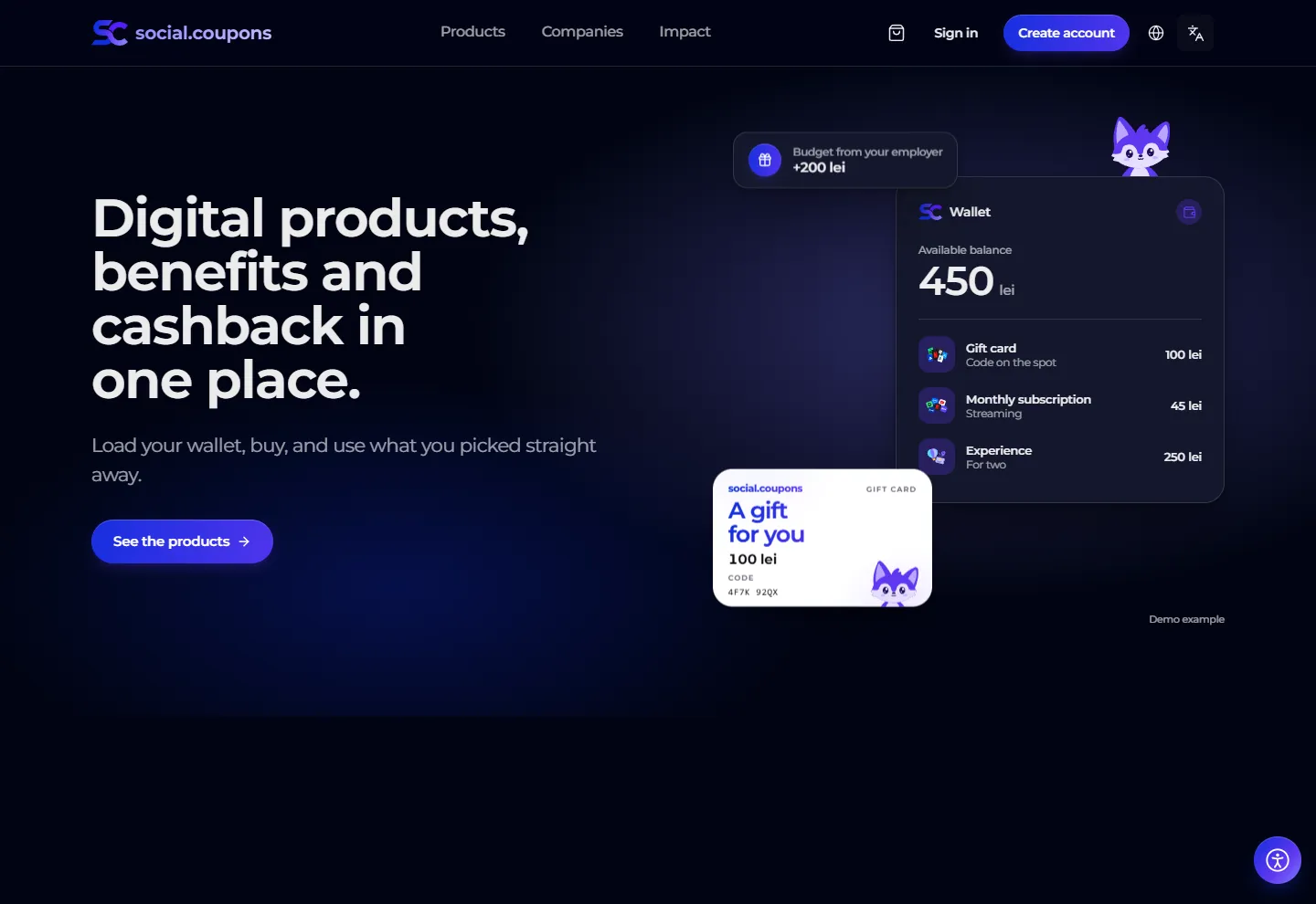social.coupons homepage: “Digital products, benefits and cashback in one place.”, beside a wallet with 450 lei for a gift card, a monthly subscription and an experience, and a 100 lei gift card.