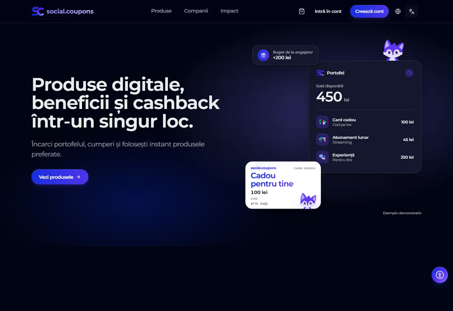 Pagina principală social.coupons: „Produse digitale, beneficii și cashback într-un singur loc.”, lângă un portofel cu 450 lei pentru un card cadou, un abonament lunar și o experiență, și un card cadou de 100 lei.