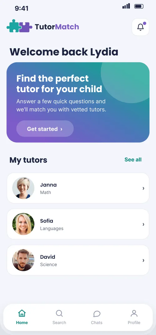 Ecranul principal TutorMatch: „Welcome back Lydia”, un card pentru găsirea meditatorului potrivit și meditatorii ei actuali.