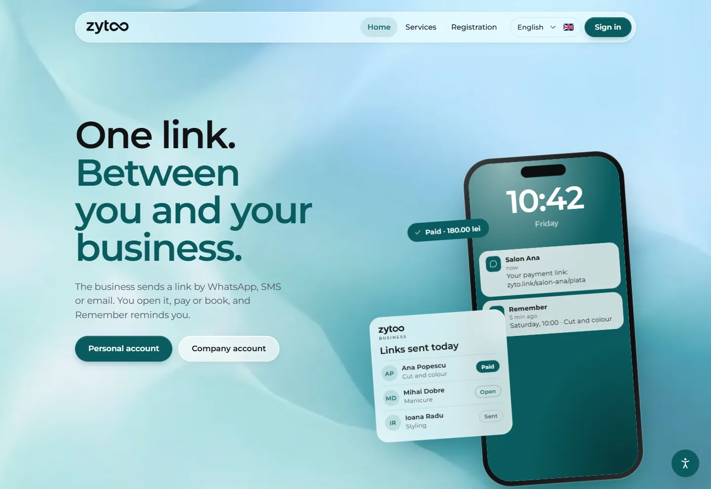 zyto.link homepage: “One link. Between you and your business.”, beside a phone with a payment link from Salon Ana and a booking reminder, and the links a business sent today.