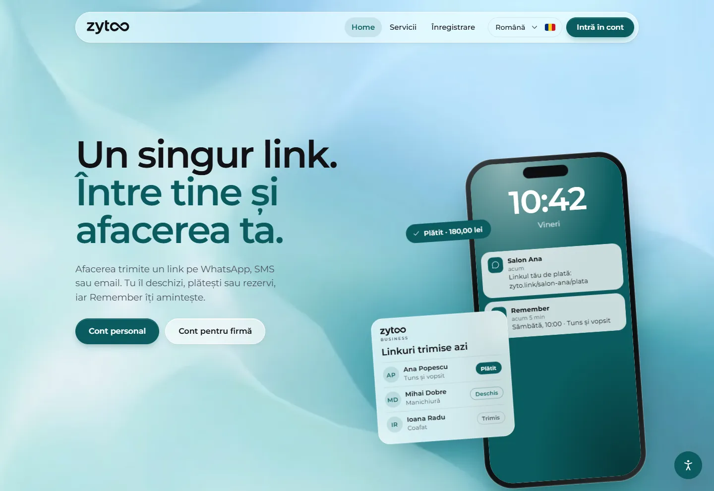Pagina principală zyto.link: „Un singur link. Între tine și afacerea ta.”, lângă un telefon cu un link de plată de la Salon Ana și un memento de programare, și linkurile trimise azi de o afacere.