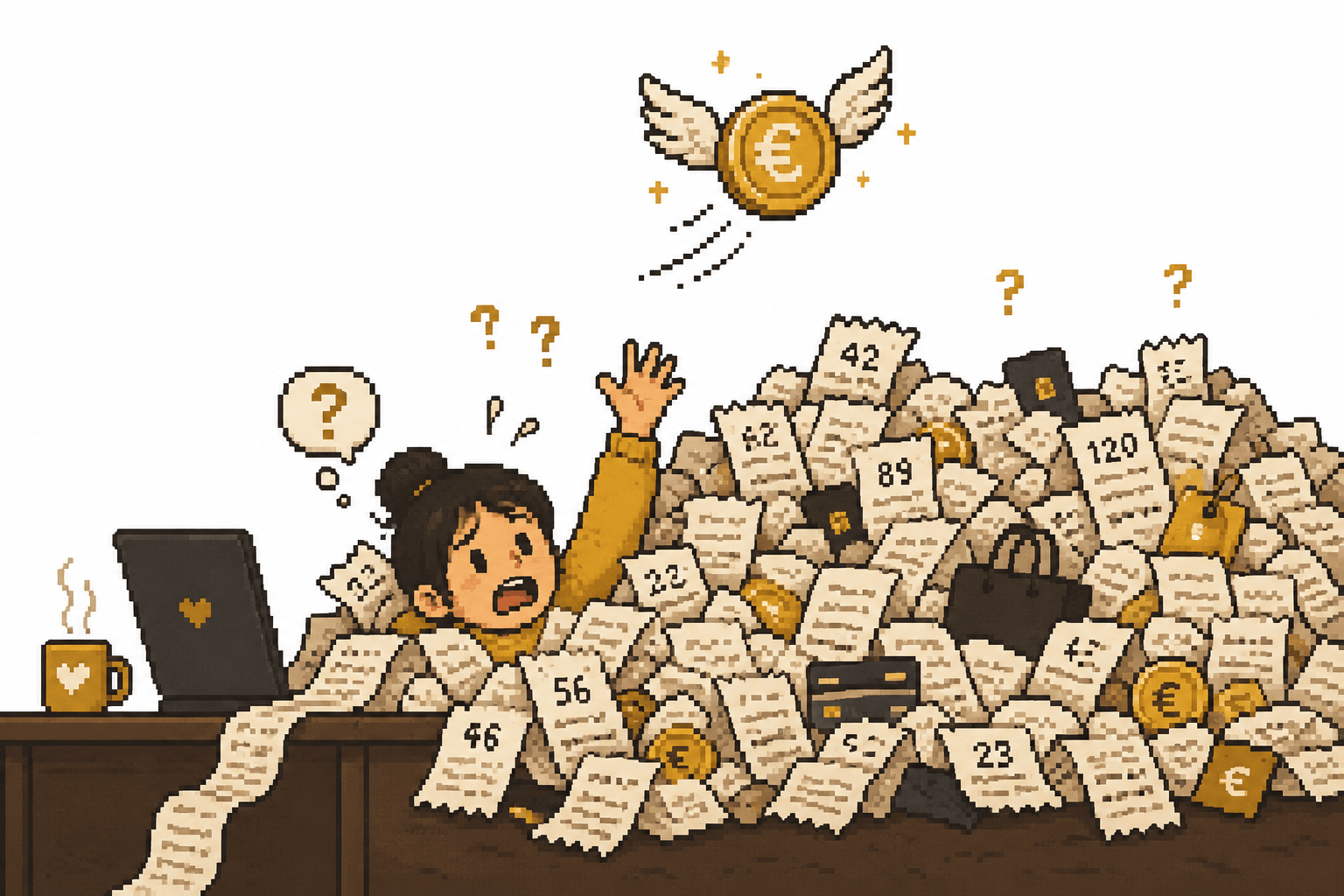 Pixel-art scene of a couple at a kitchen table surrounded by receipts, coins and a laptop spreadsheet