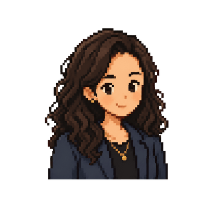 Pixel-art portrait of Amy, a young woman with long dark hair in a pale top