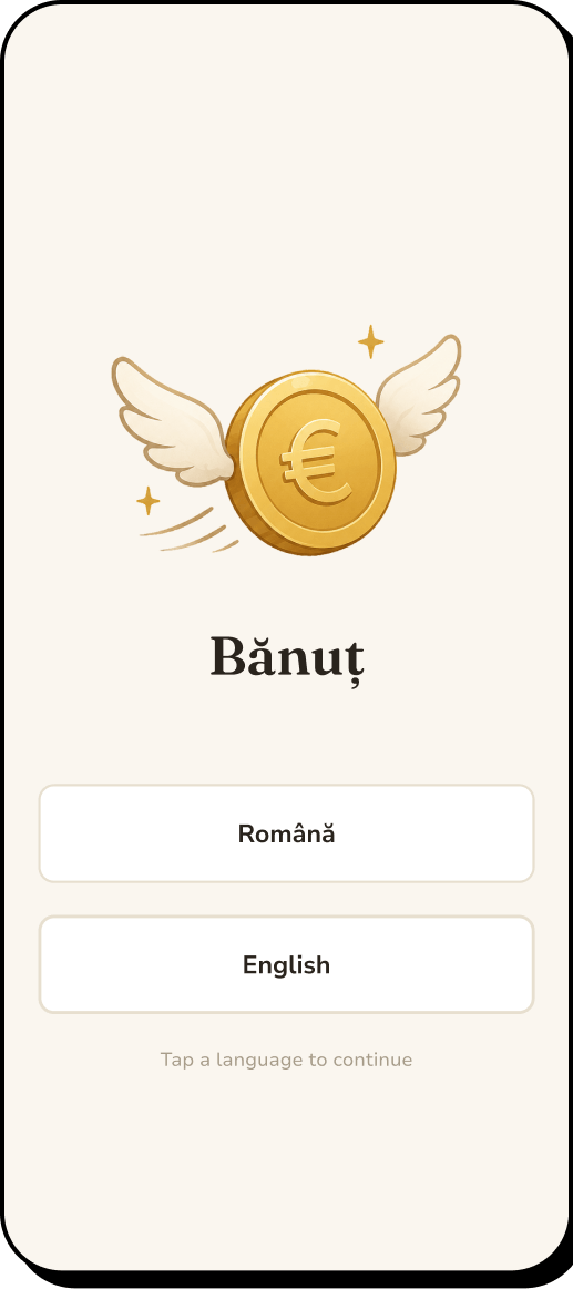 1 of 15. Language selection: the Bănuț coin above a choice of Română or English