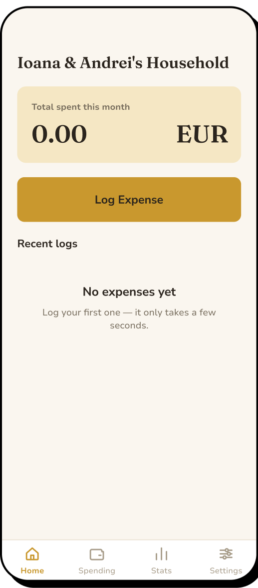 7 of 15. Home, empty state: nothing logged yet