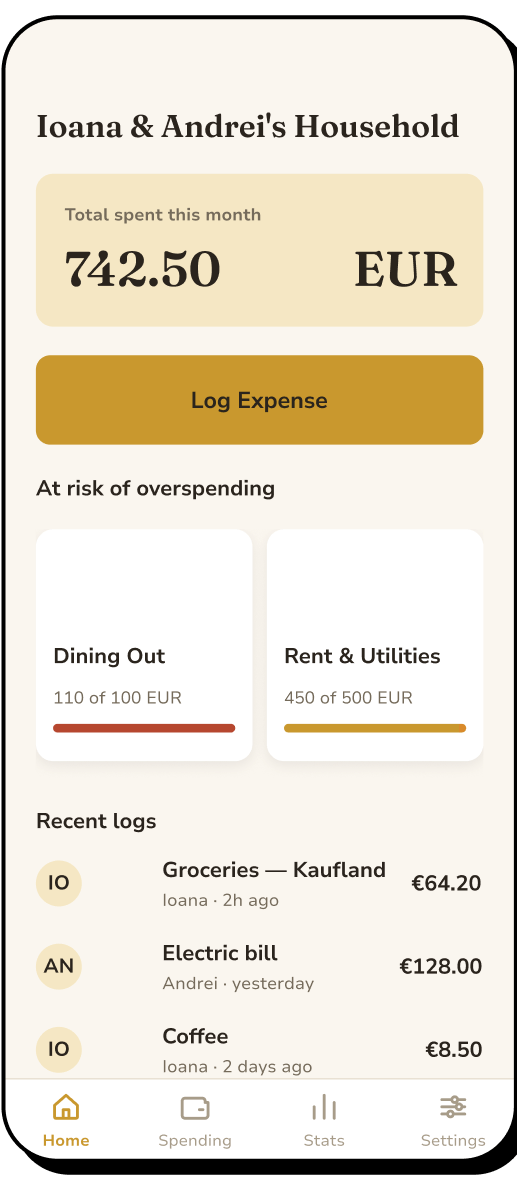 8 of 15. Home, active state: total spent this month, categories at risk of overspending, and recent logs