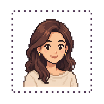 Pixel-art portrait of Lydia, a woman in her late thirties with long brown hair