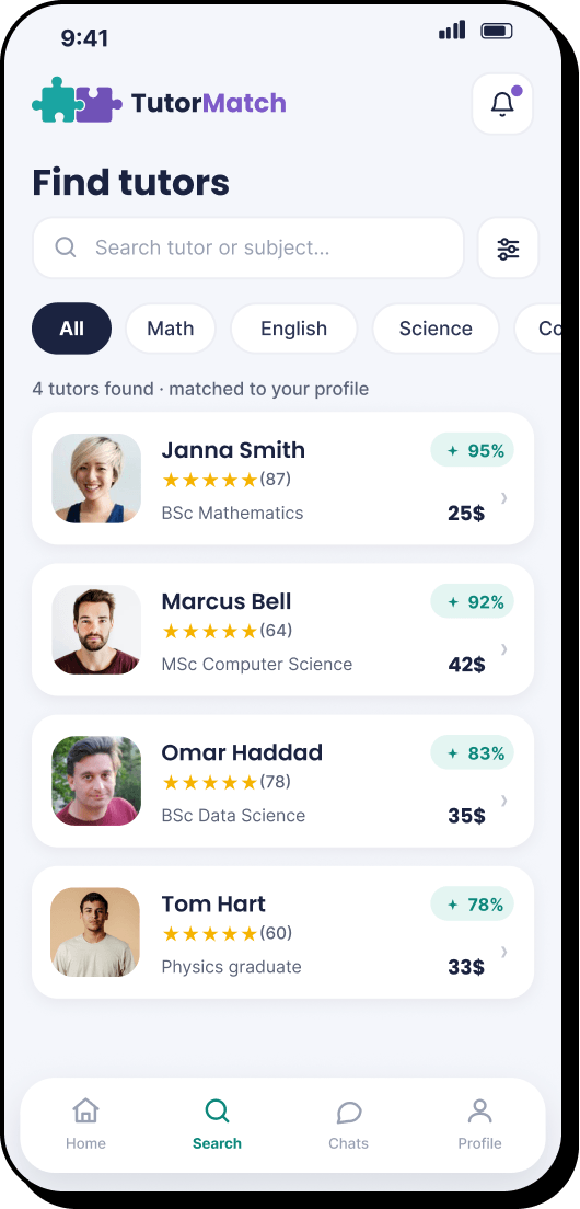 7 of 11. Find tutors: a search field, subject filter chips, and four matched tutors with match percentages and hourly rates