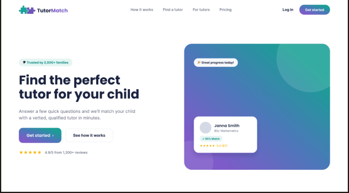 1 of 6. TutorMatch marketing home page: “Find the perfect tutor for your child”, with a tutor match card beside it