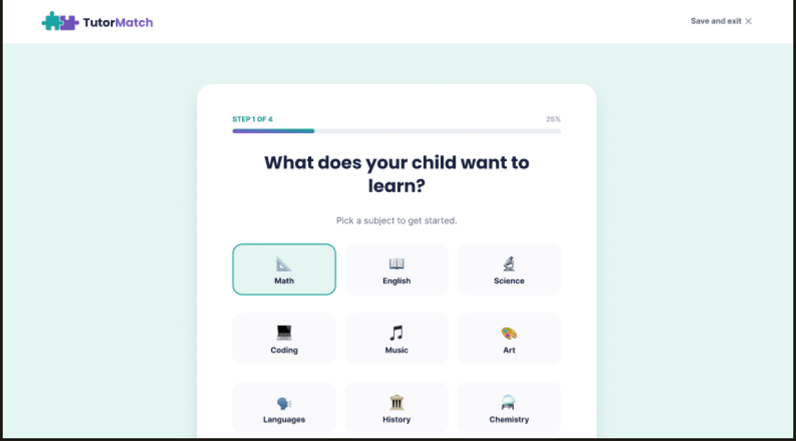 2 of 6. The get-matched page, running the same quiz questions in a browser