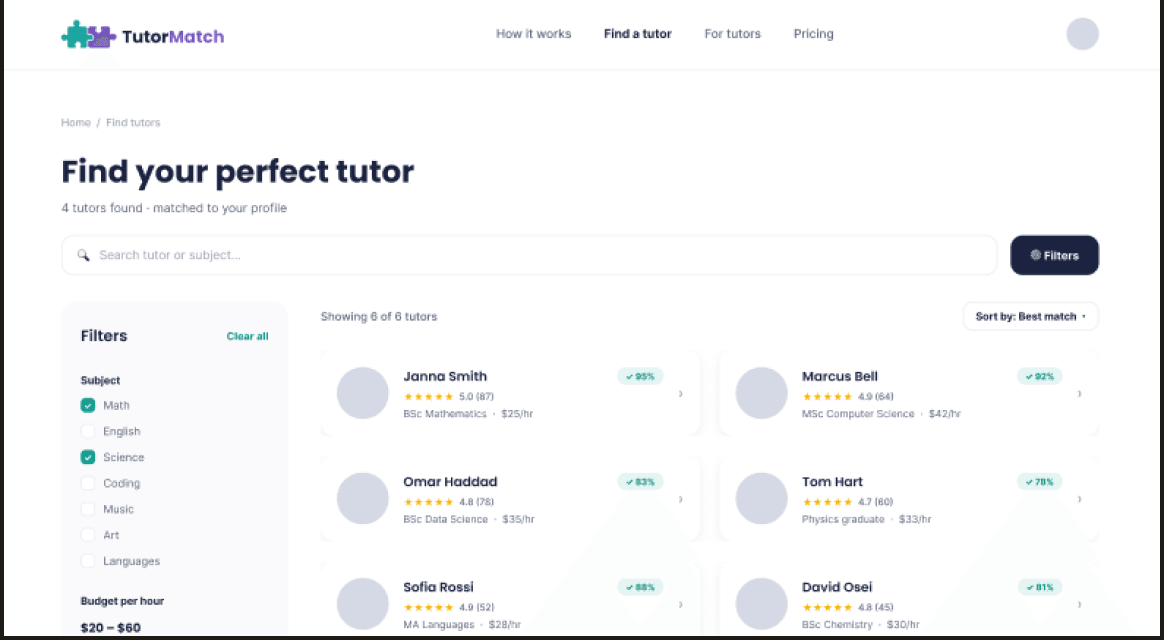 3 of 6. Find tutors on the web: filters down the side and a grid of matched tutors