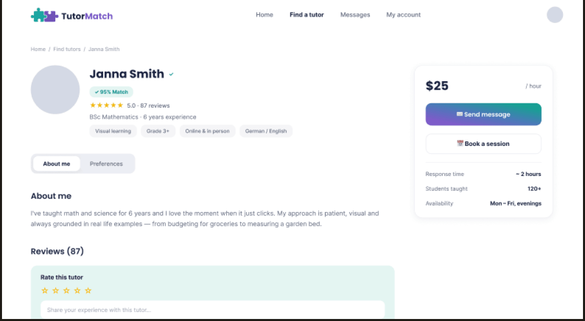 4 of 6. A tutor profile page on the web, with reviews and a booking panel