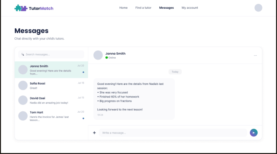 5 of 6. The messages page: a thread list beside an open conversation