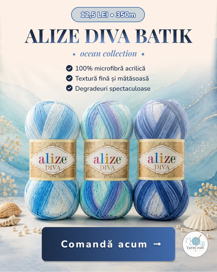 Alize Diva Batik ad, ocean collection: three blue skeins on a shell and sand background