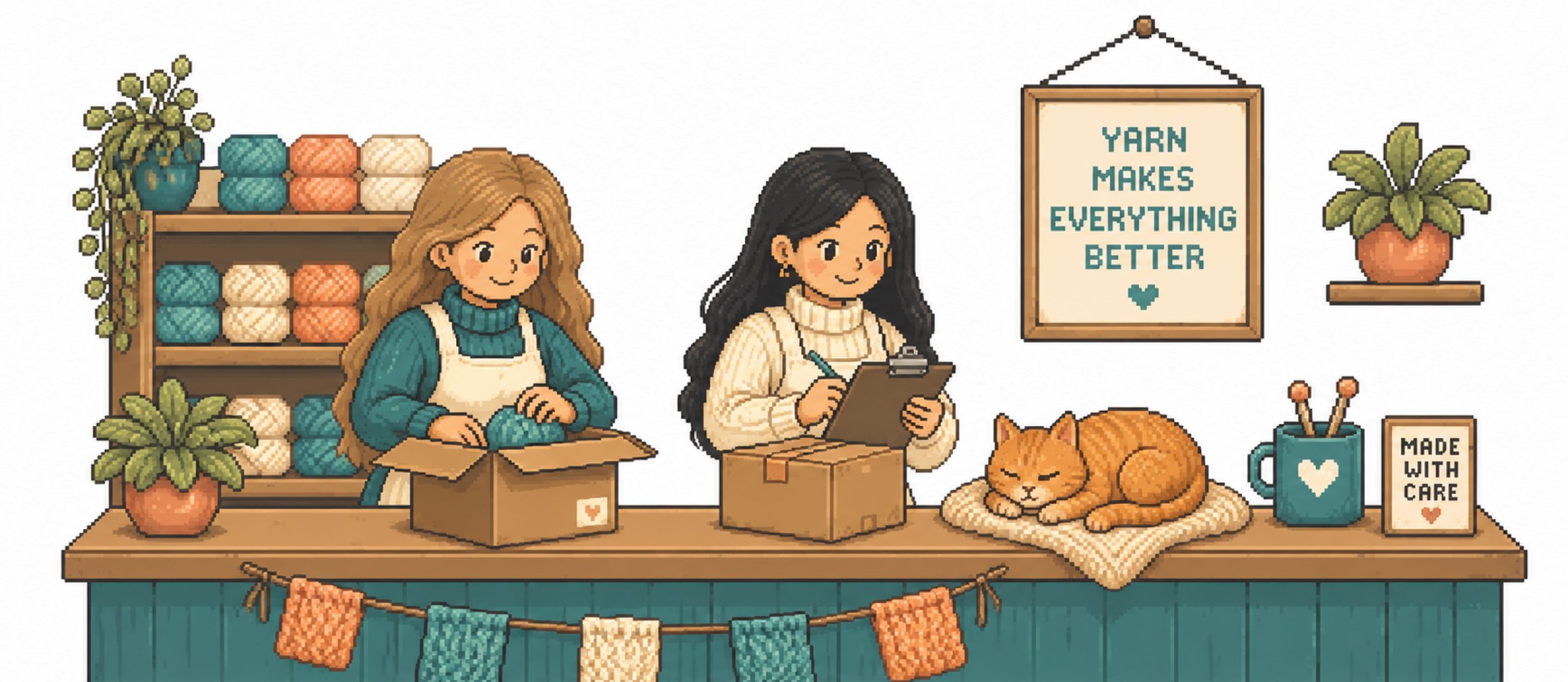 Illustration of the two YarnCraft owners packing yarn orders in their shop